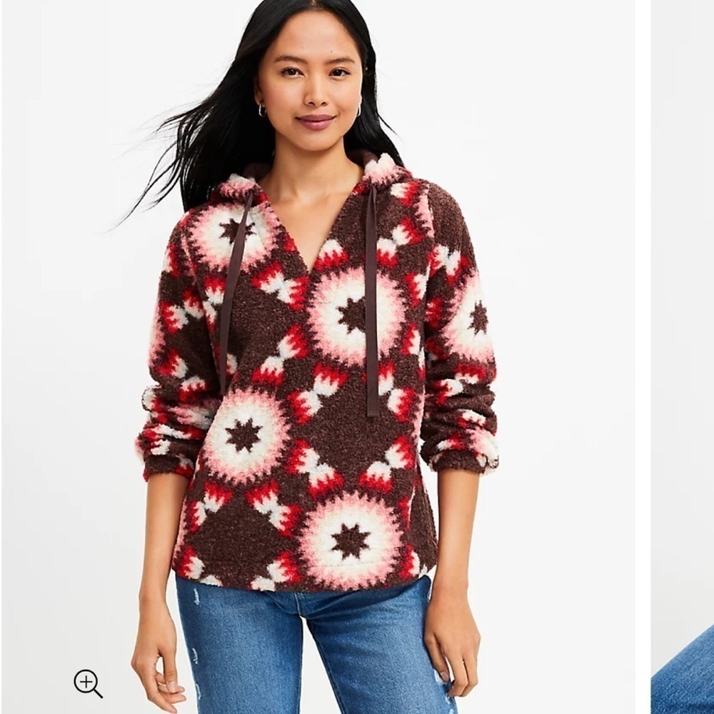 LOFT Petite Sunburst Sherpa Hoodie Size Medium Southwestern Aztec Sweatshirt